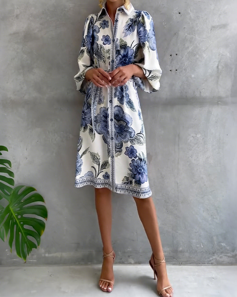 Glyssara - Robe florale élégante femme à manches lanterne et boutons