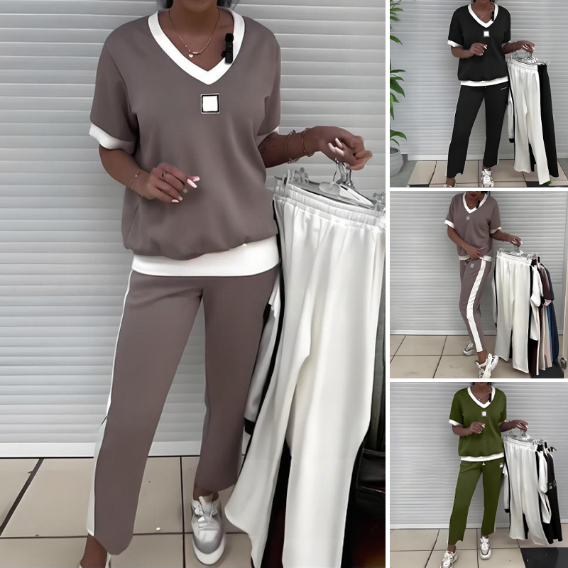 Euphrasie - Ensemble décontracté pour femme avec top à col en V et pantalon