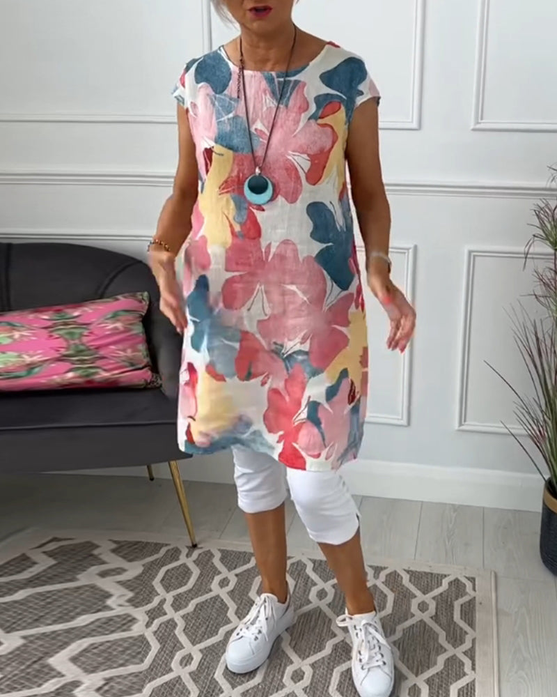 Anita - Robe femme imprimée verte fluide à manches courtes et coupe ample