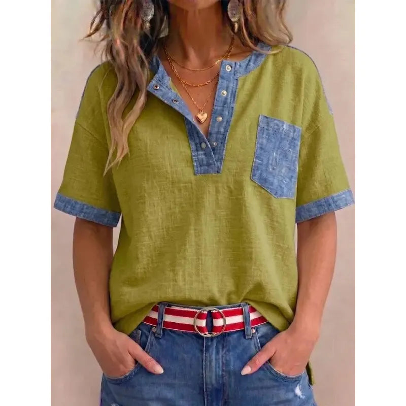 Tivellea - Top femme en coton à col V avec détails denim