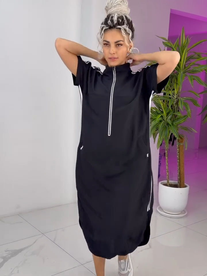 Gavrixa - Robe femme longue zippée col montant coupe fluide style sport chic confortable
