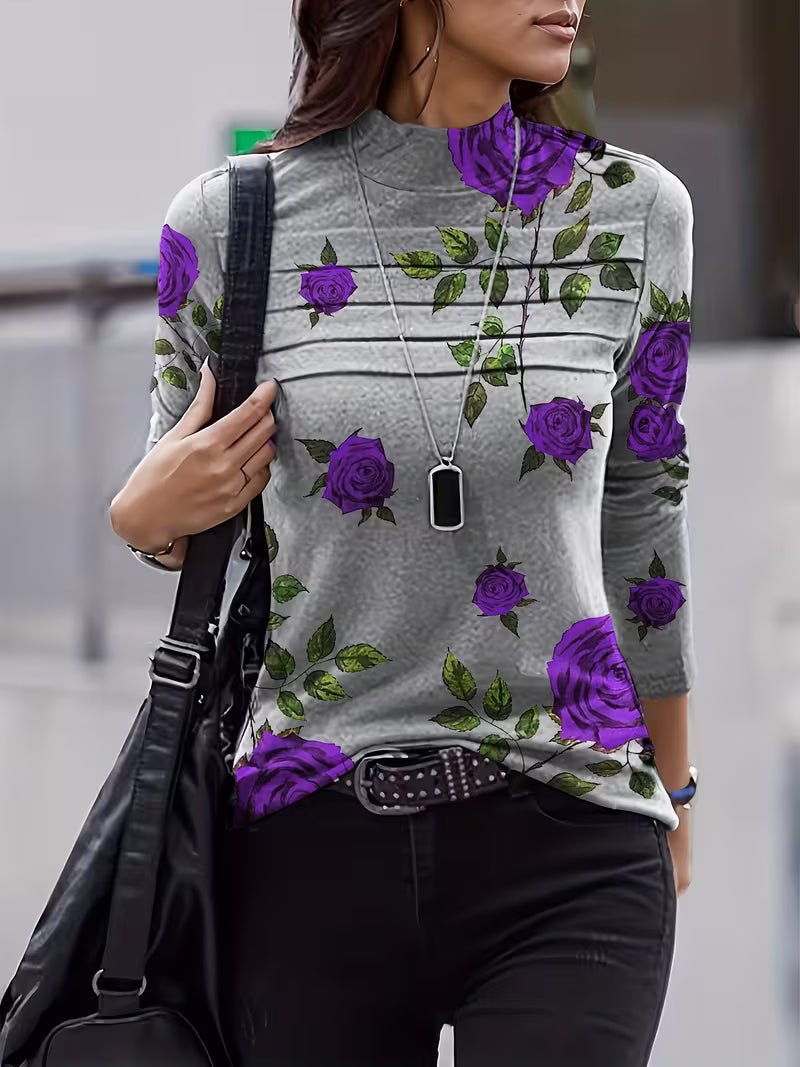 Tineke - Women's high-neck floral long-sleeve top