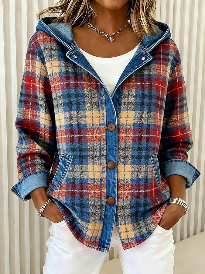 Nadrina - Veste en Jean à Capuche et Motif à Carreaux Contrastés