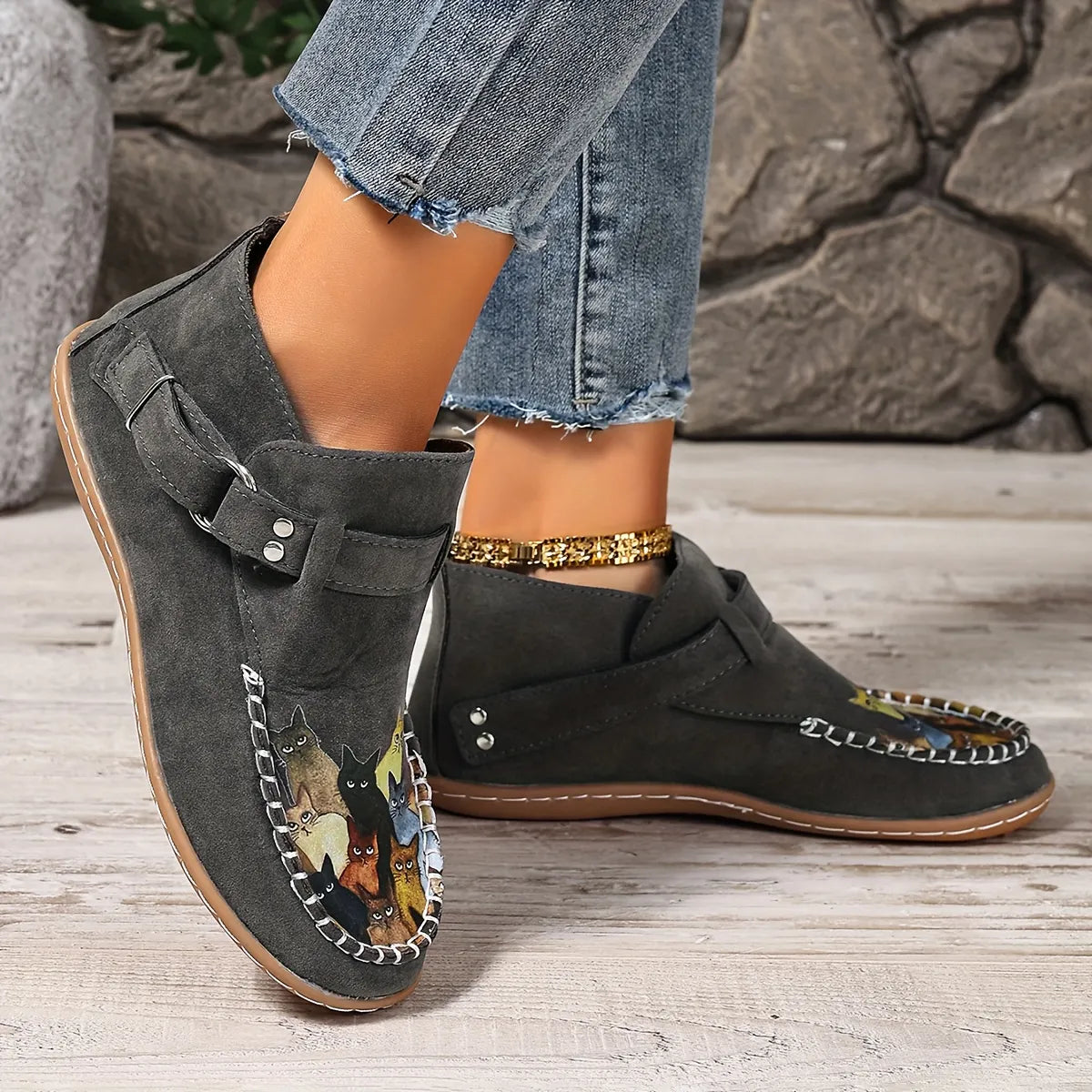 Annefleur - Mocassins femme imprimé chat à enfiler