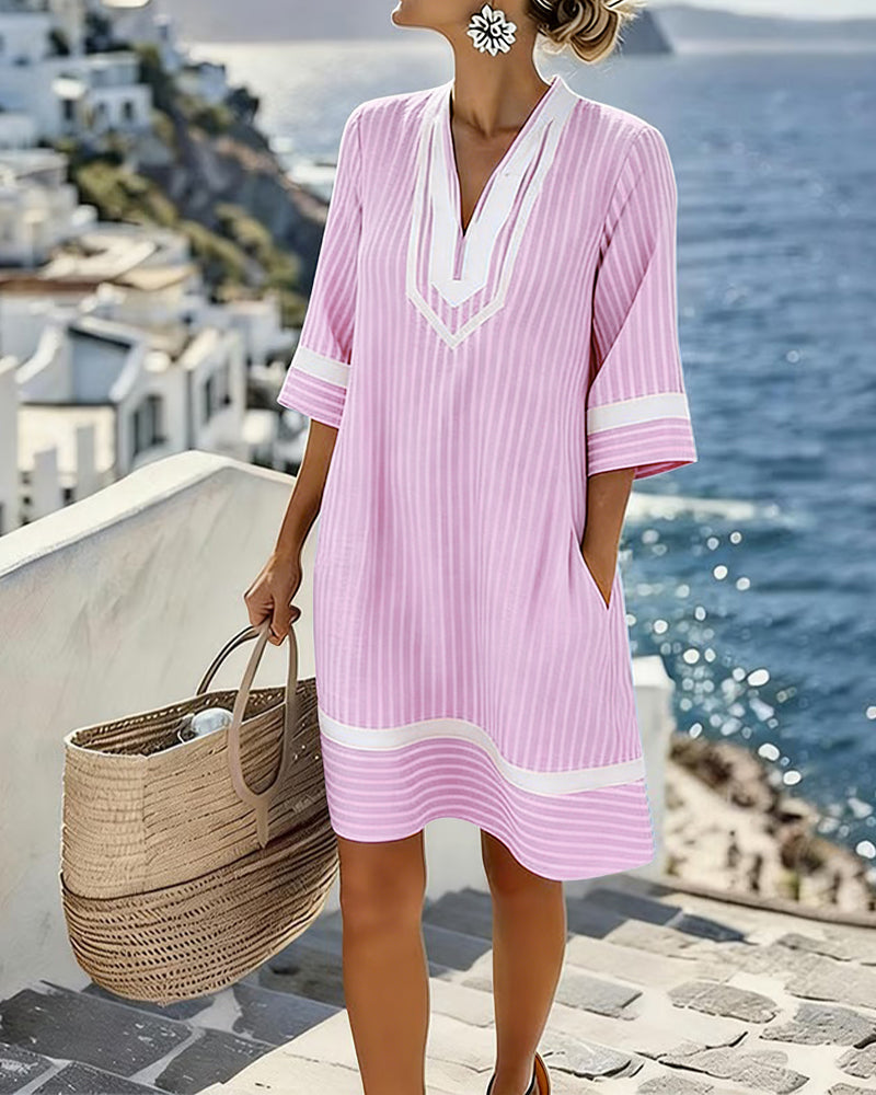 Telyxa - Robe Femme Rayures Fluide Col V Style Estival