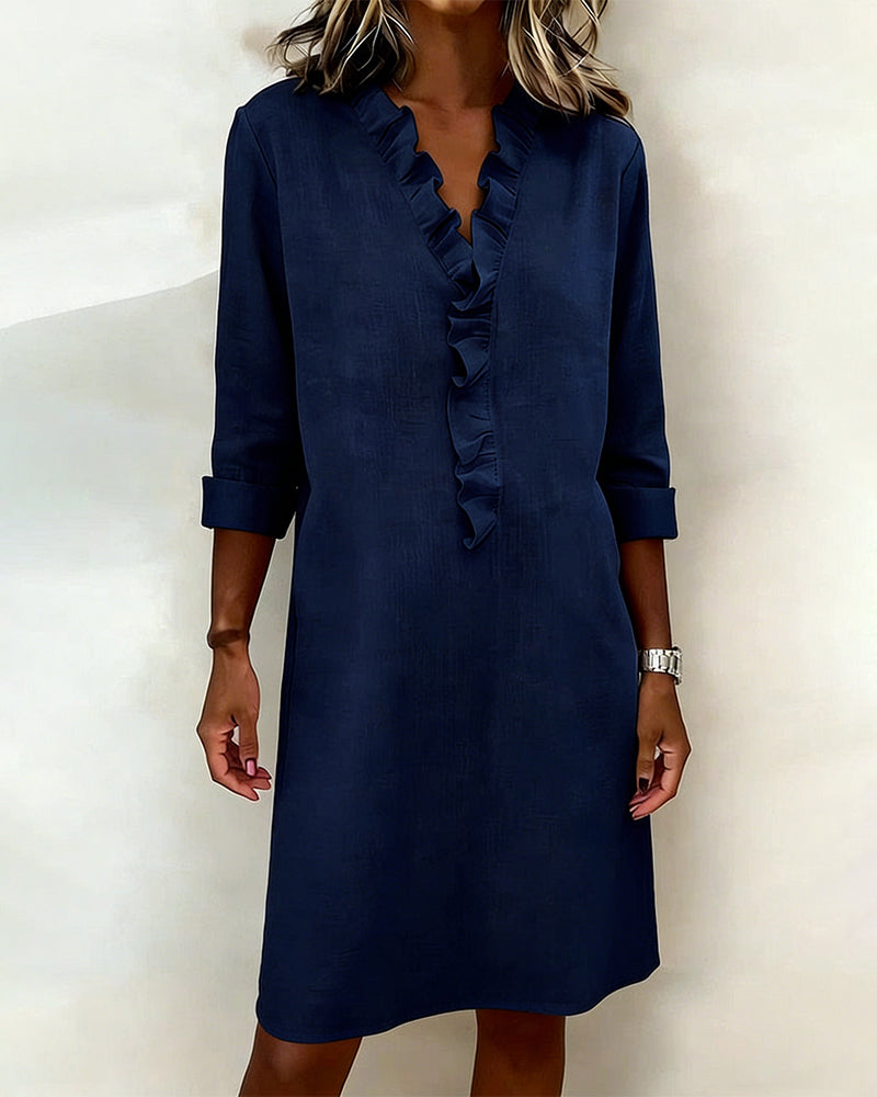 Ophivyn - Robe femme col V à volants coupe droite style décontracté