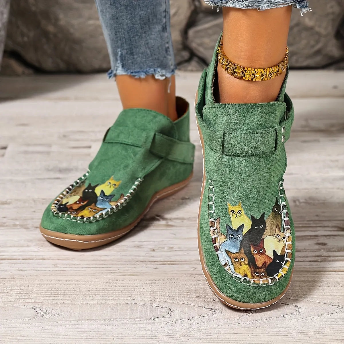 Annefleur - Mocassins femme imprimé chat à enfiler