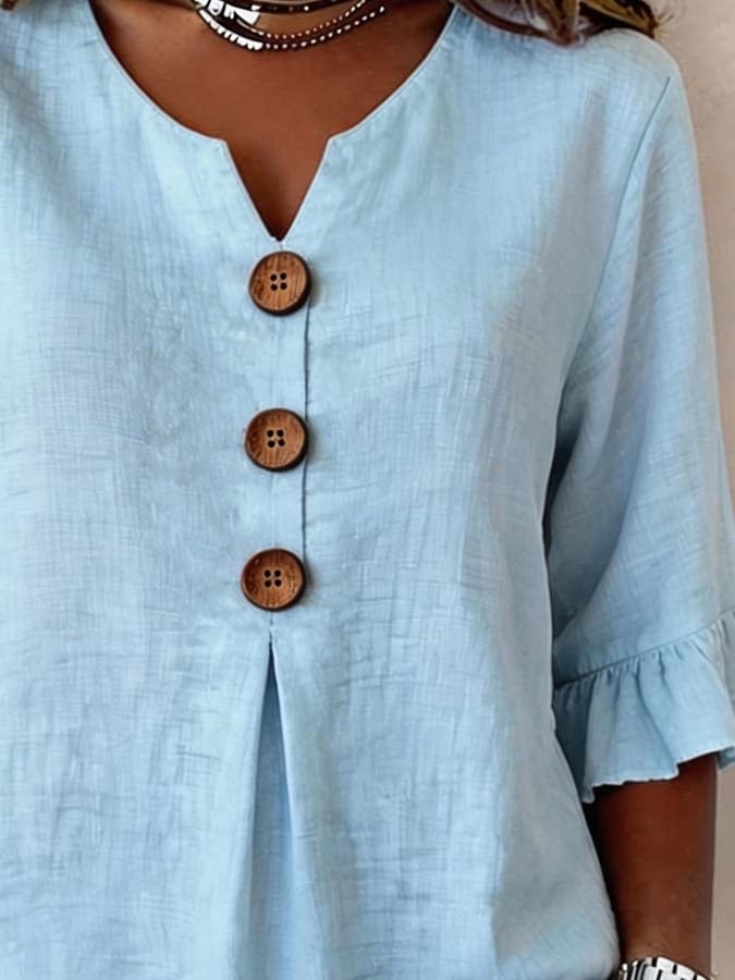 Tyvora - Blouse femme unie fluide manches volantées boutons bois style bohème