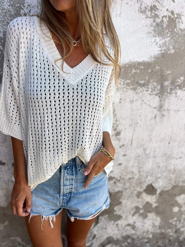 Delia - Top tricoté à col en V avec motif creux