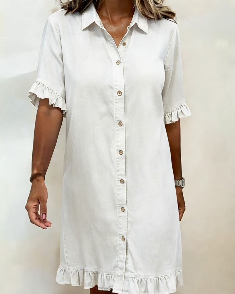 Glytha - Robe Femme Denim Boutonnée Manches Volants Coupe Droite Décontractée