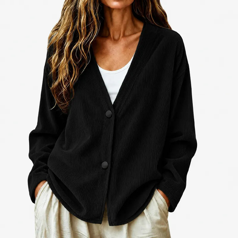 Priscilla - Cardigan femme côtelé à col V coupe ample