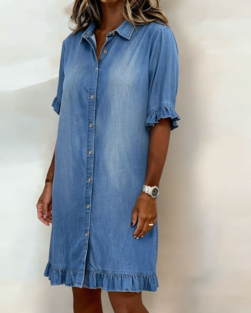 Glytha - Robe Femme Denim Boutonnée Manches Volants Coupe Droite Décontractée