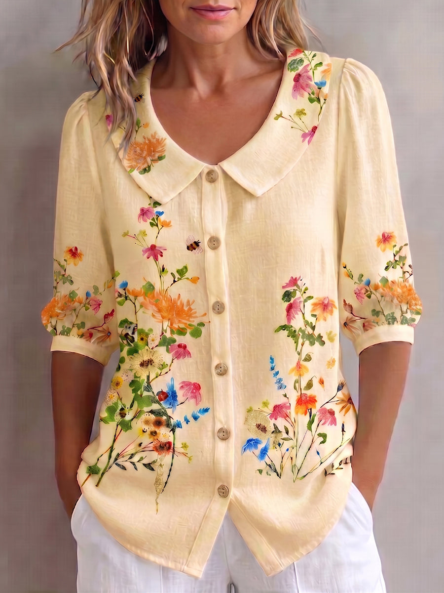 Mavessia - Chemise femme coton et lin imprimé floral artistique vintage