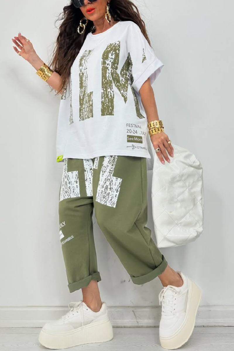 Kirelle - Ensemble décontracté femme top imprimé col rond et pantalon