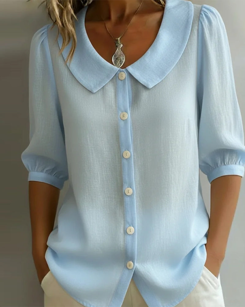 Neslora - Chemise femme coton col Peter Pan manches mi-longues élégantes