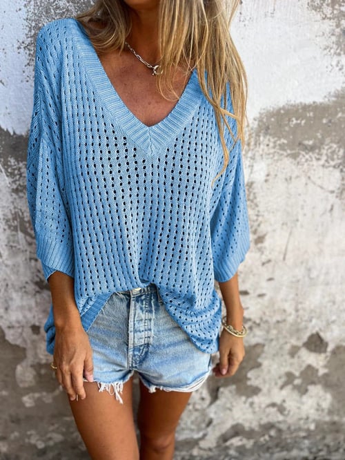 Delia - Top tricoté à col en V avec motif creux