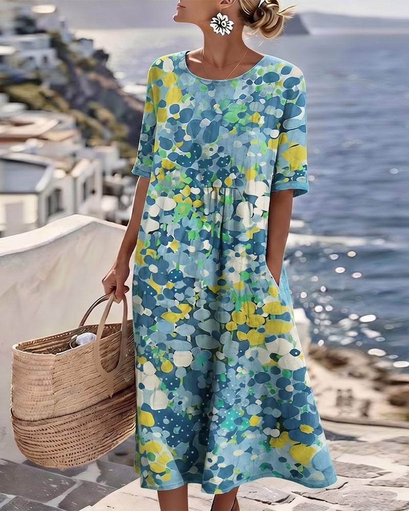 Averixa - Robe femme mi-longue imprimé floral abstrait coton lin été