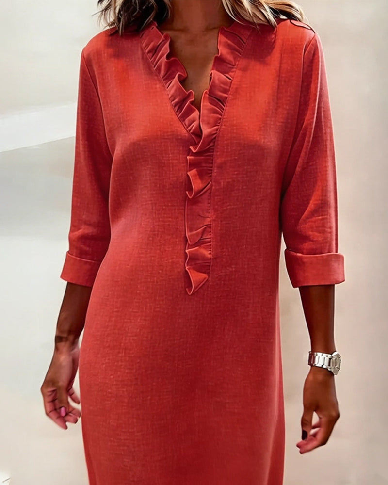 Ophivyn - Robe femme col V à volants coupe droite style décontracté