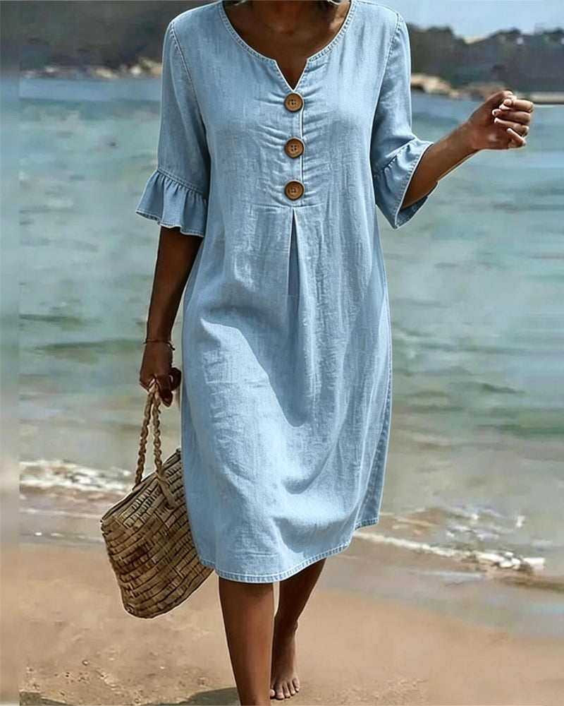 Fynorae - Robe femme jean manches volants coupe fluide été plage