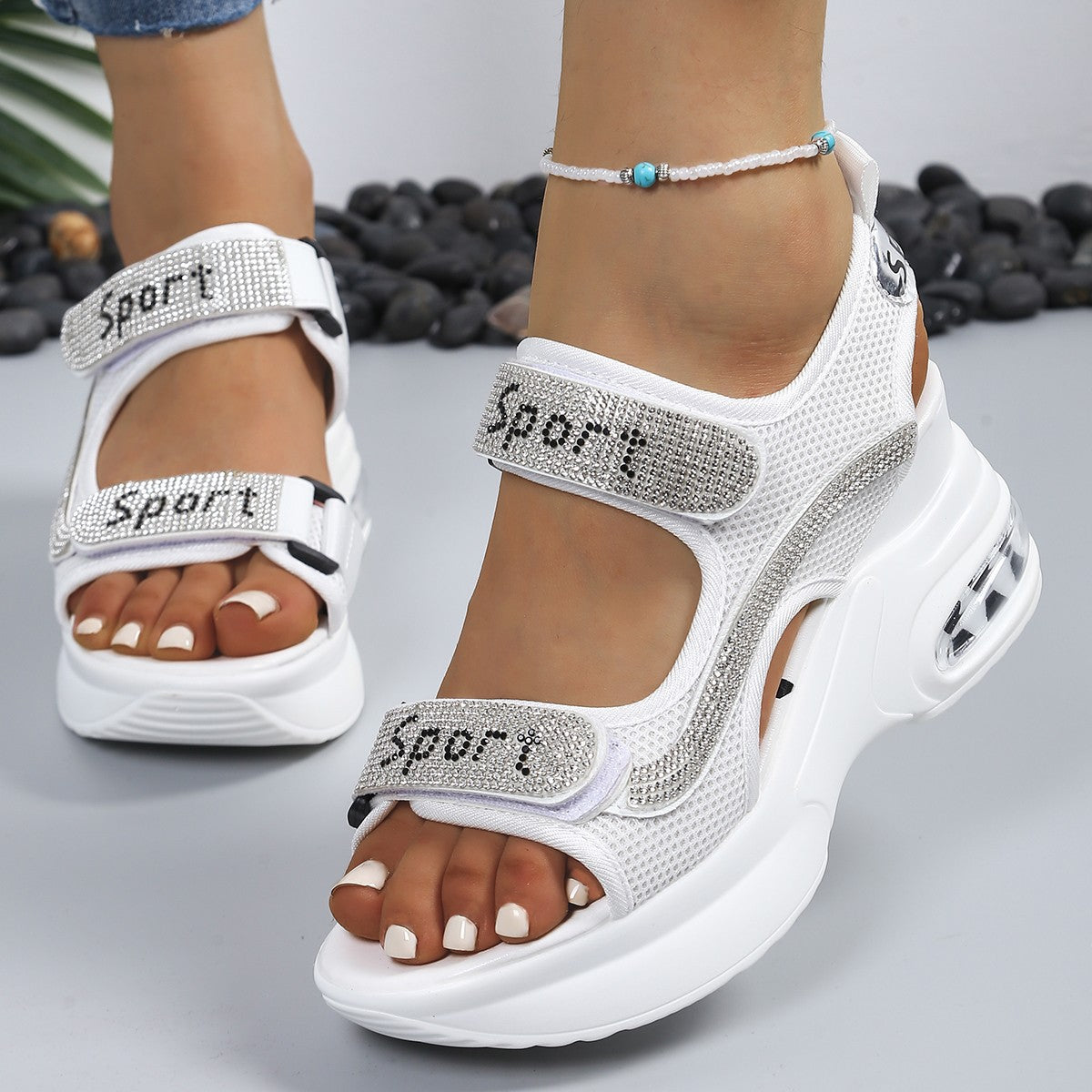 Calyvra - Sandales femme plateforme strass velcro semelle air sport