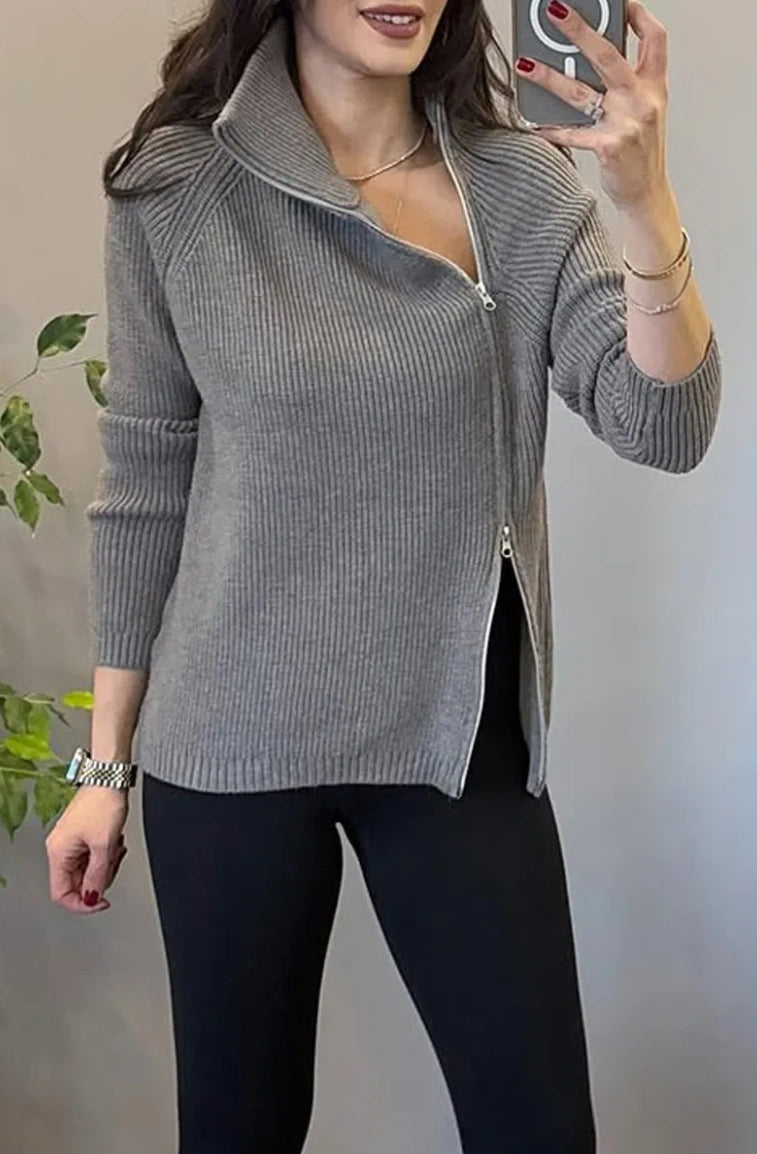 Lucienne - Pull Tricot Asymétrique à Double Fermeture Éclair