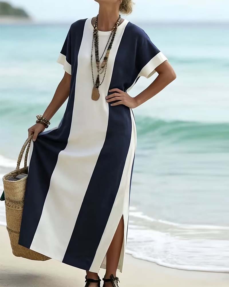 Apolline - Robe midi femme à rayures verticales et fente latérale
