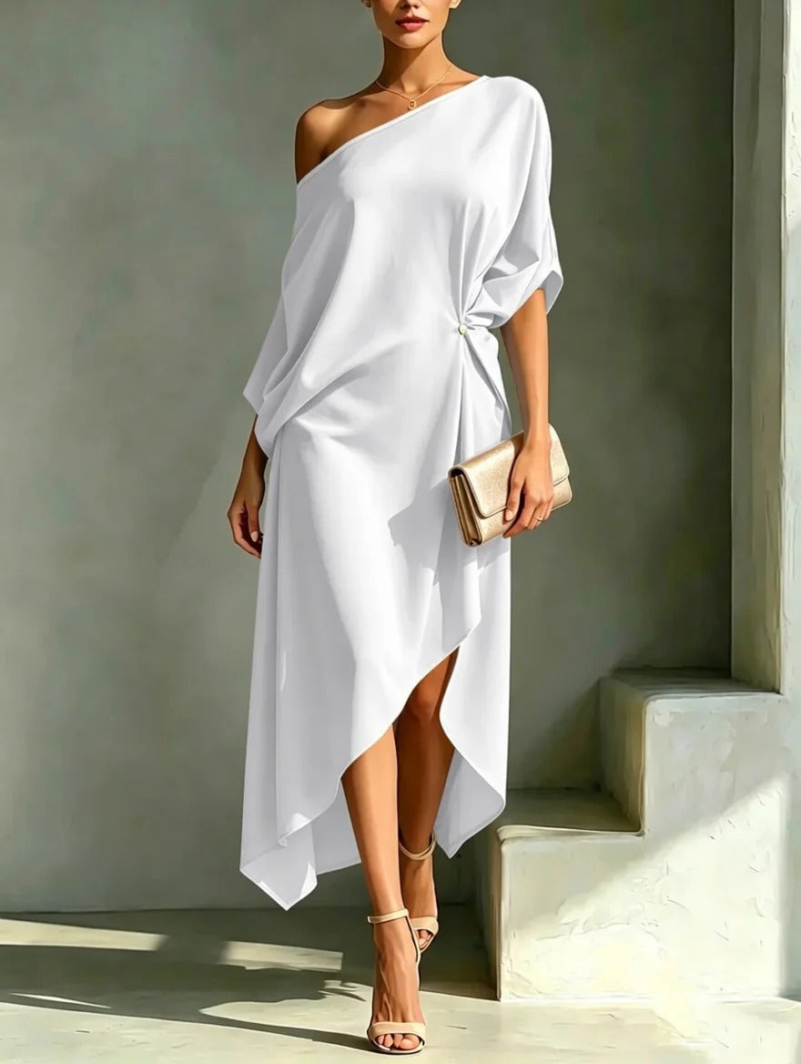 Helovyn - Robe midi femme asymétrique élégante à une épaule fluide