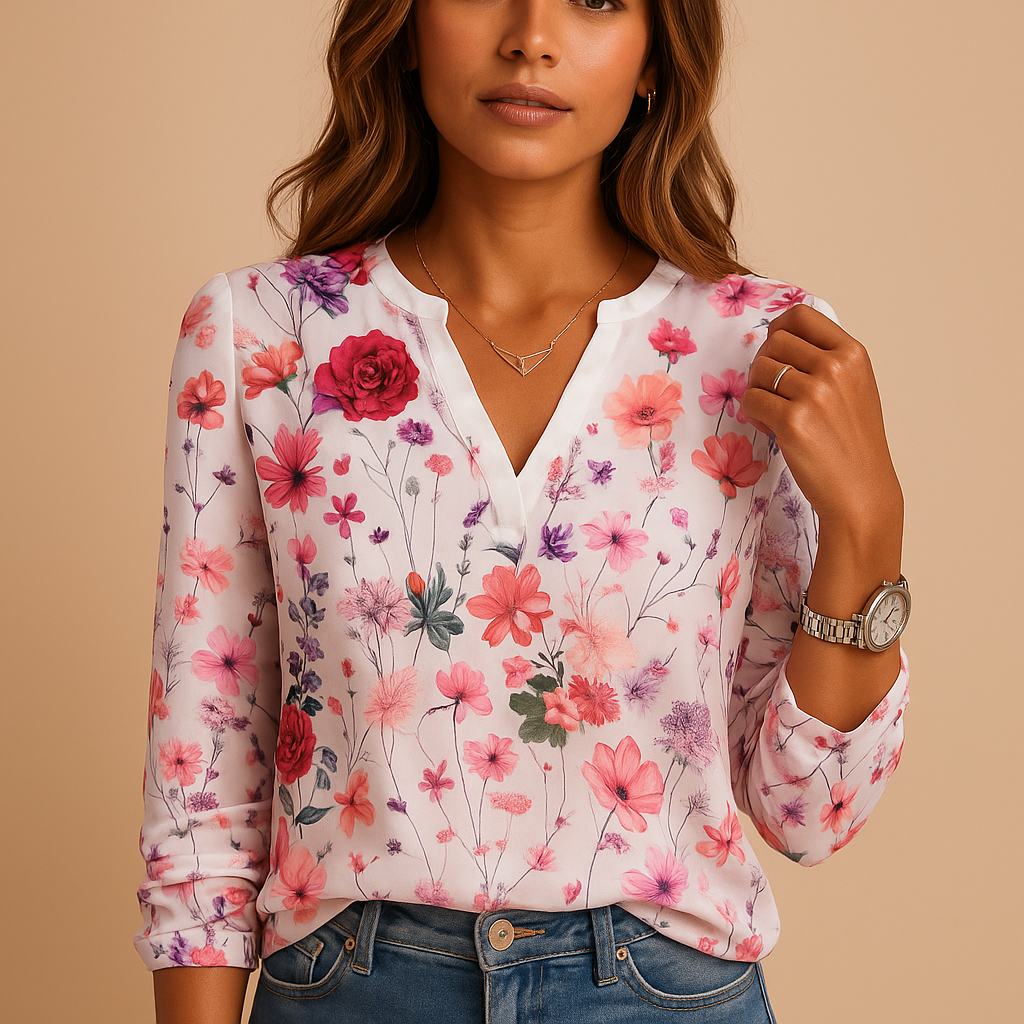Tess - Floral Print Blouse with V-Neck and Long Sleeves for Women