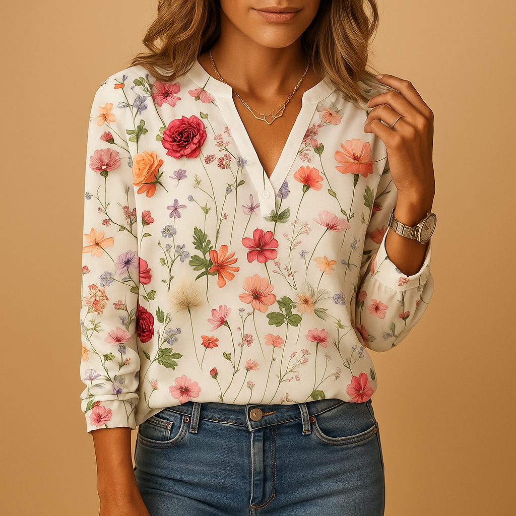 Tess - Floral Print Blouse with V-Neck and Long Sleeves for Women