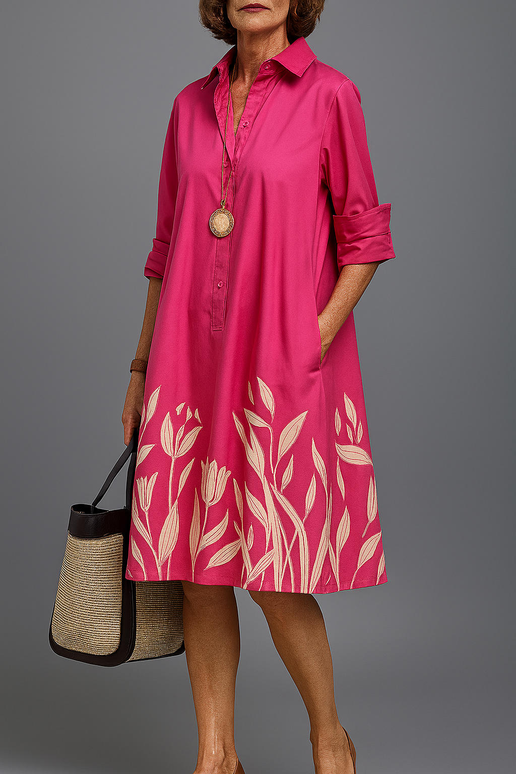 Mirexa - Robe Midi Fluide à Col Chemise et Imprimé Élégant