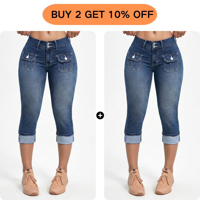 Tovixa - Pantalon Femme Capri Denim Stretch Coupe Ajustée Taille Mi Haute