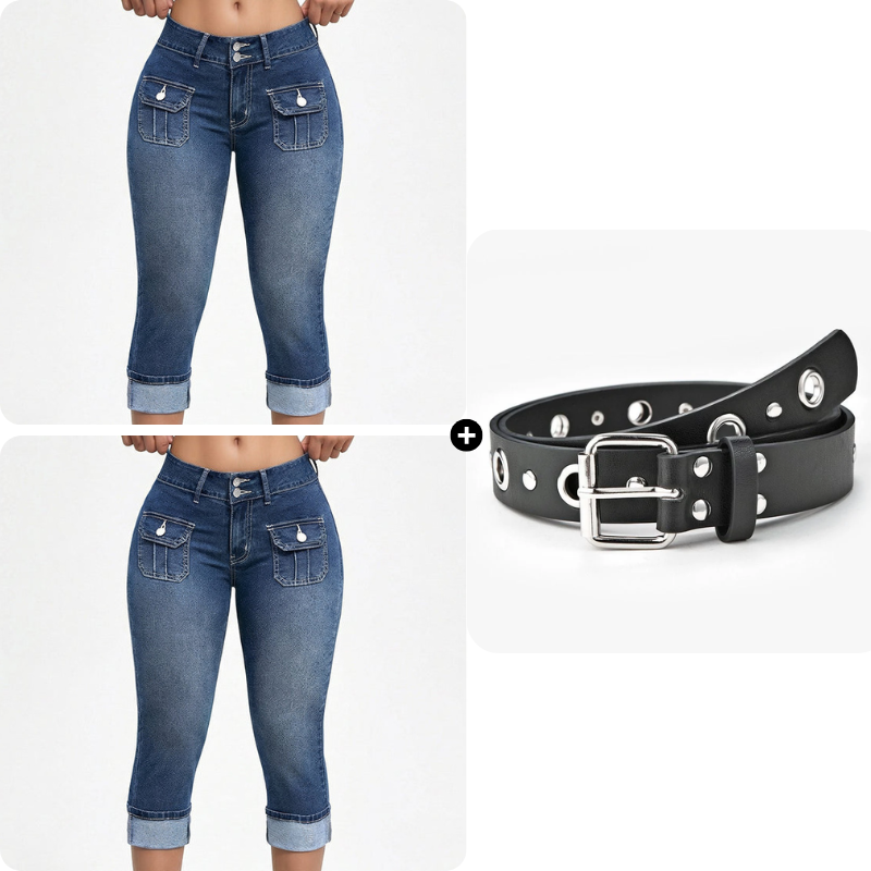 Tovixa - Pantalon Femme Capri Denim Stretch Coupe Ajustée Taille Mi Haute