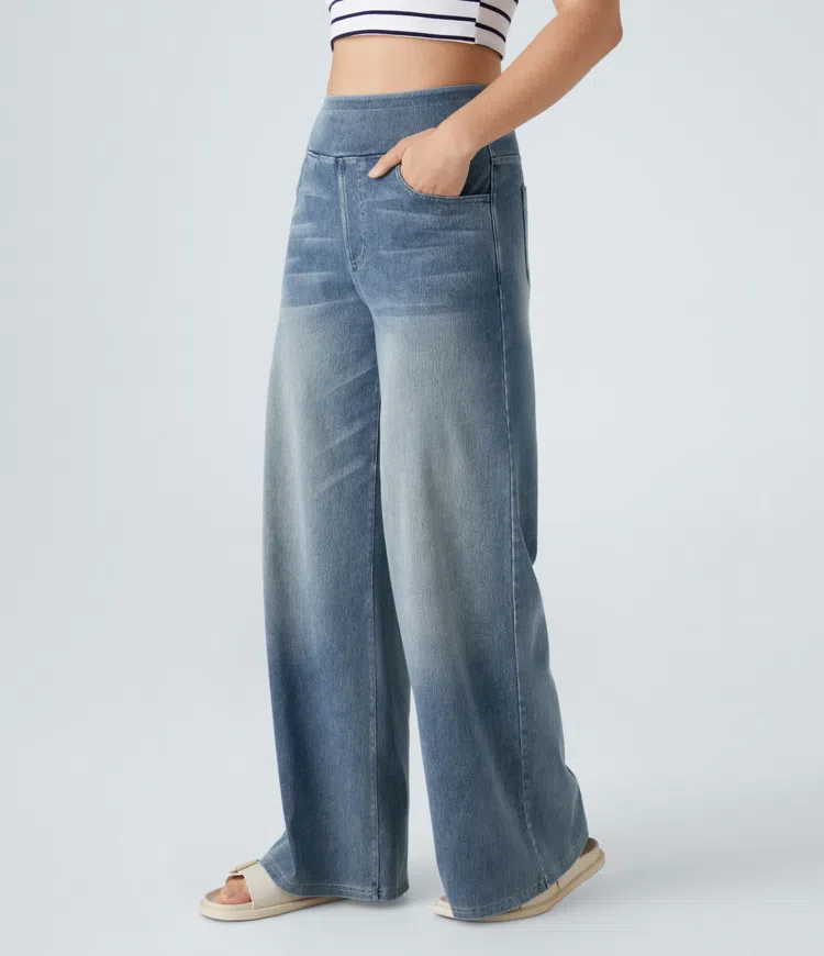 Ruvessa - Jean femme taille haute jambe large très extensible coupe moderne