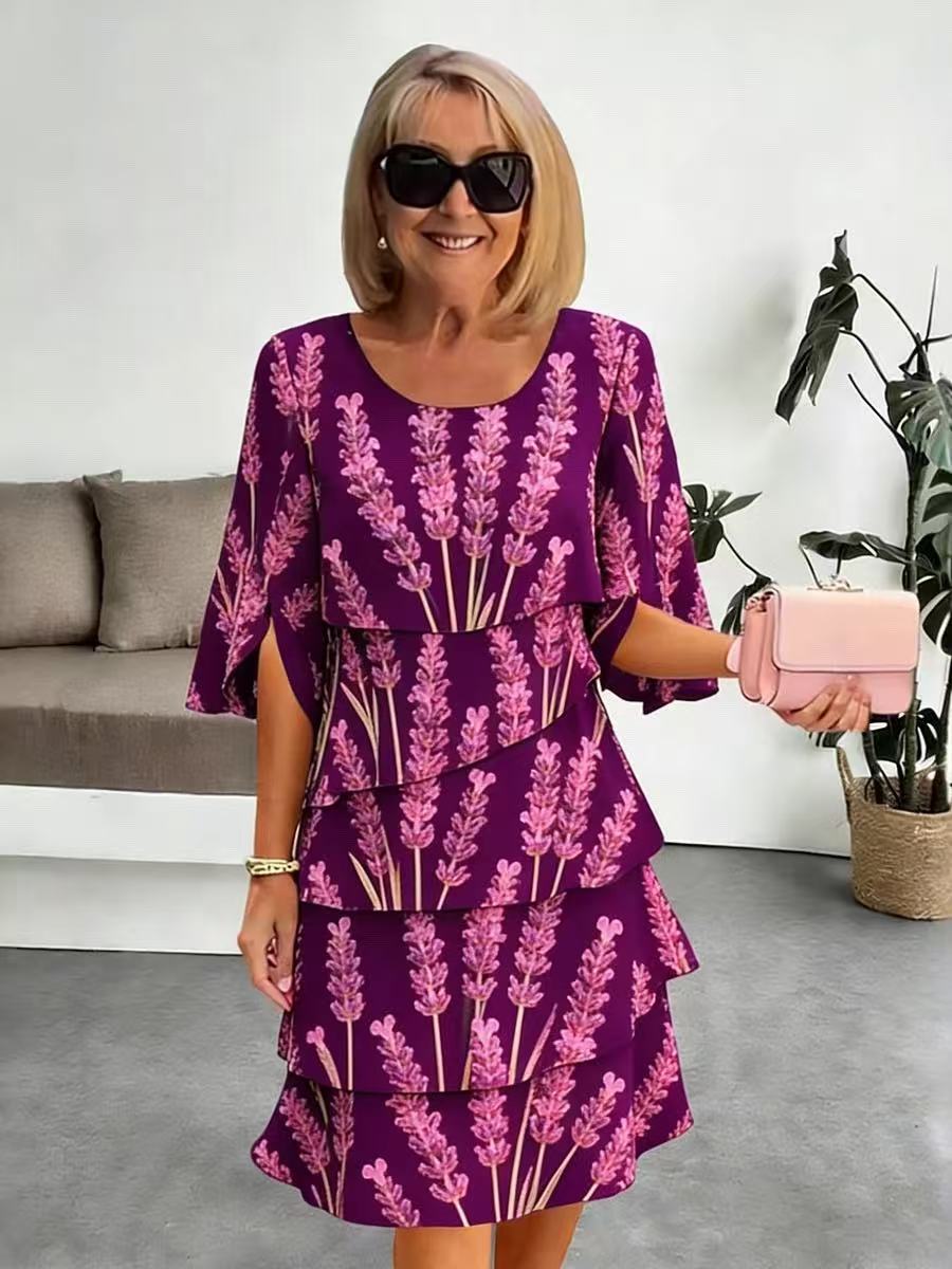 Elyvane - Robe femme mi-longue à volants imprimé floral manches fendues
