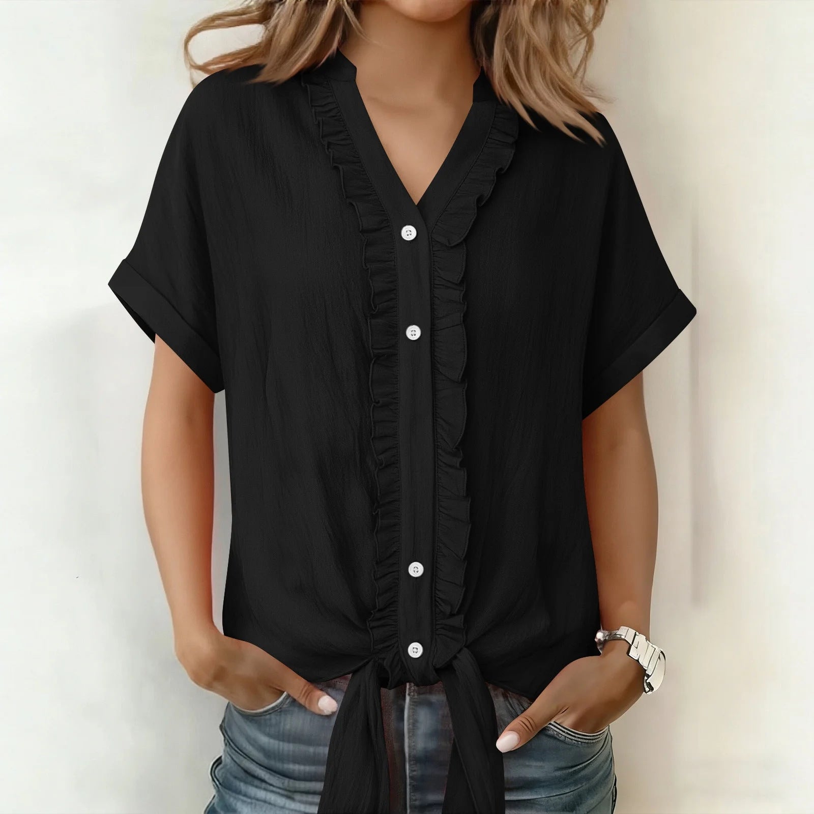 Kalyxa - Chemise femme coton col V manches courtes nouée été