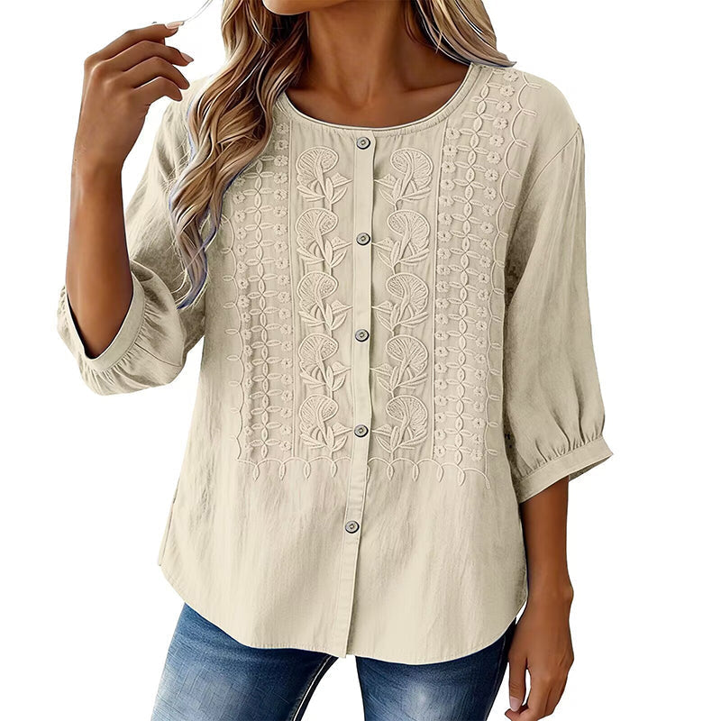 Sorivelle - Blouse brodée femme en coton et lin à manches 3/4