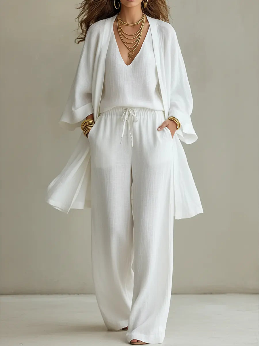 Solene - Ensemble Femme Coton Lin Minimaliste Haut Et Pantalon Élégant