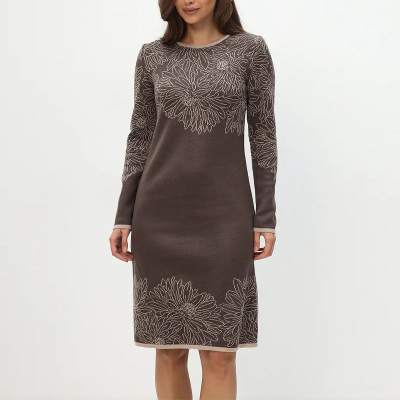 Rhoselavessa - Robe Simple Imprimée À Manches Longues Et Décolleté En V
