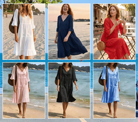 Faelora - Robe midi femme en coton à col en V et coupe fluide