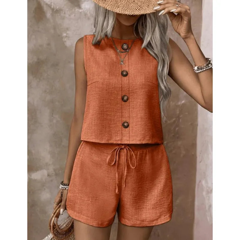 Fynoria - Ensemble femme top sans manches et short à boutons