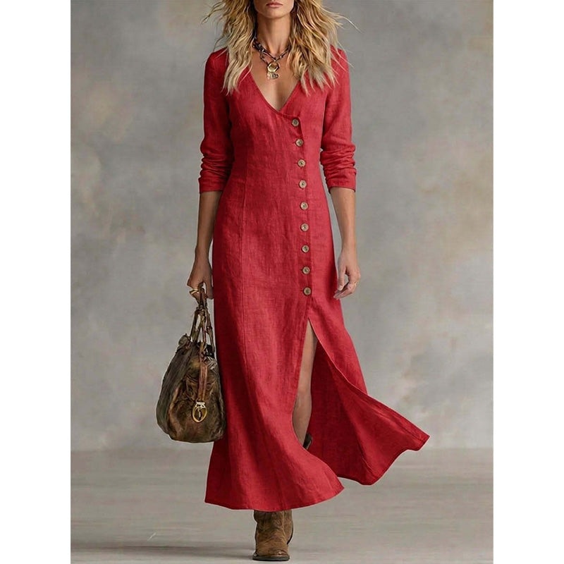 Quinalisse - Robe chemise vintage élégante à manches longues midi