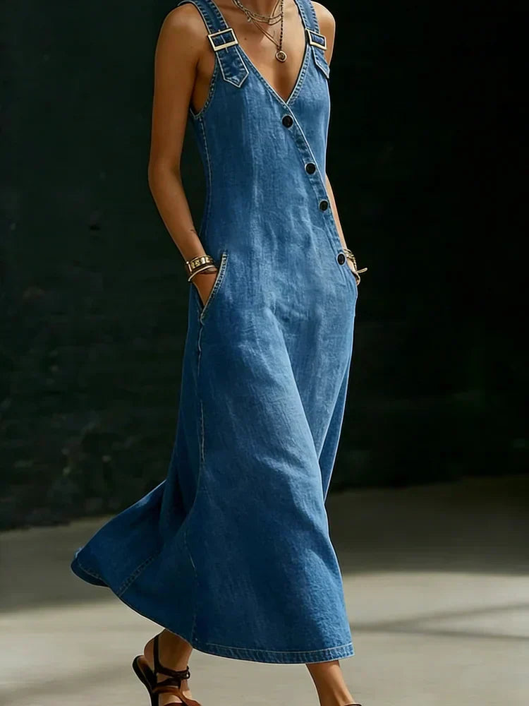 Perenelle - Robe longue femme en denim avec boutons asymétriques