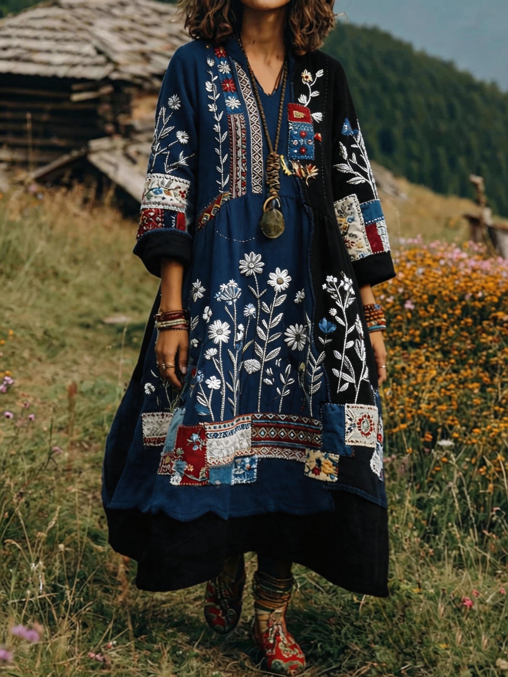 Loxira - Robe Femme Bohème Patchwork Brodée Style Ethnique Élégant