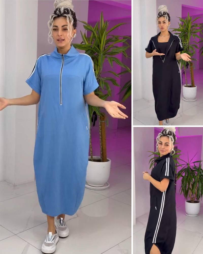 Gavrixa - Robe femme longue zippée col montant coupe fluide style sport chic confortable