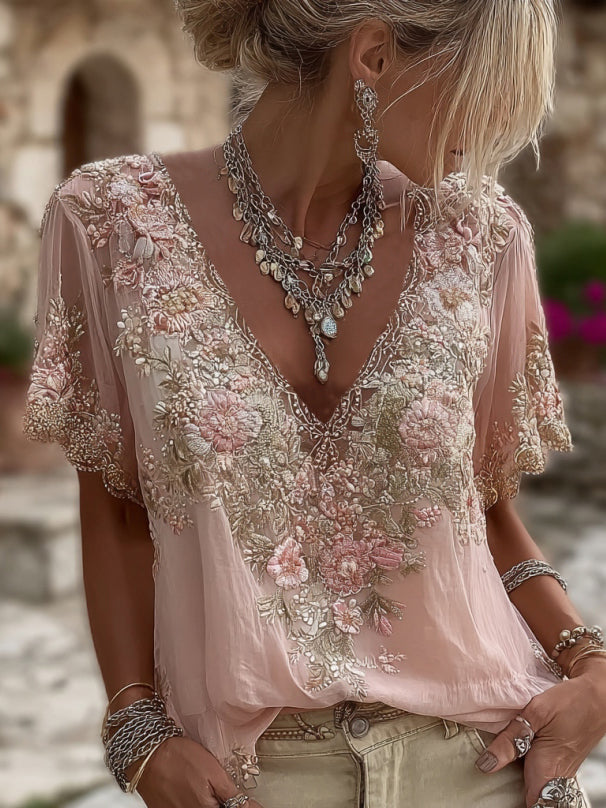 Kirelina - Blouse femme brodée à fleurs et col V élégant