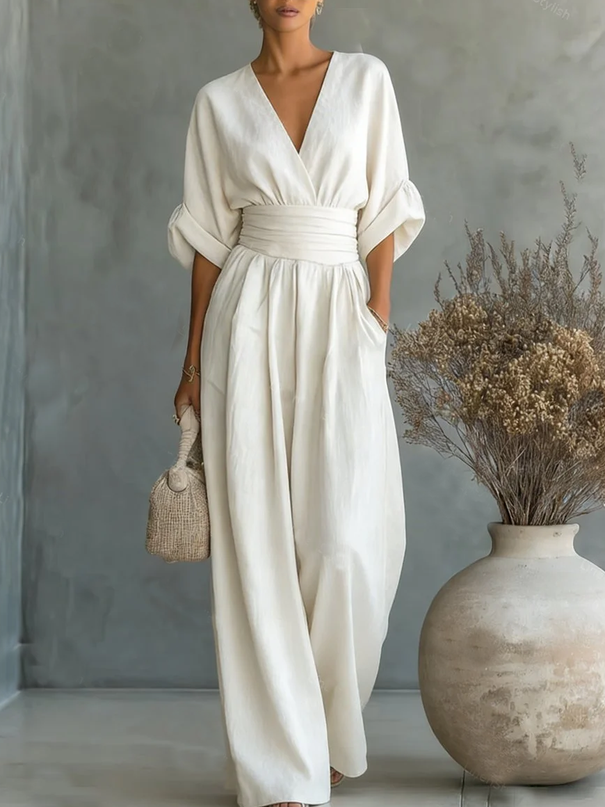Helyrae - Combinaison Femme Col V Taille Marquée Coupe Fluide Élégante