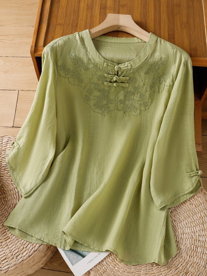 Myrvella - Top femme brodé col rond style naturel coton lin