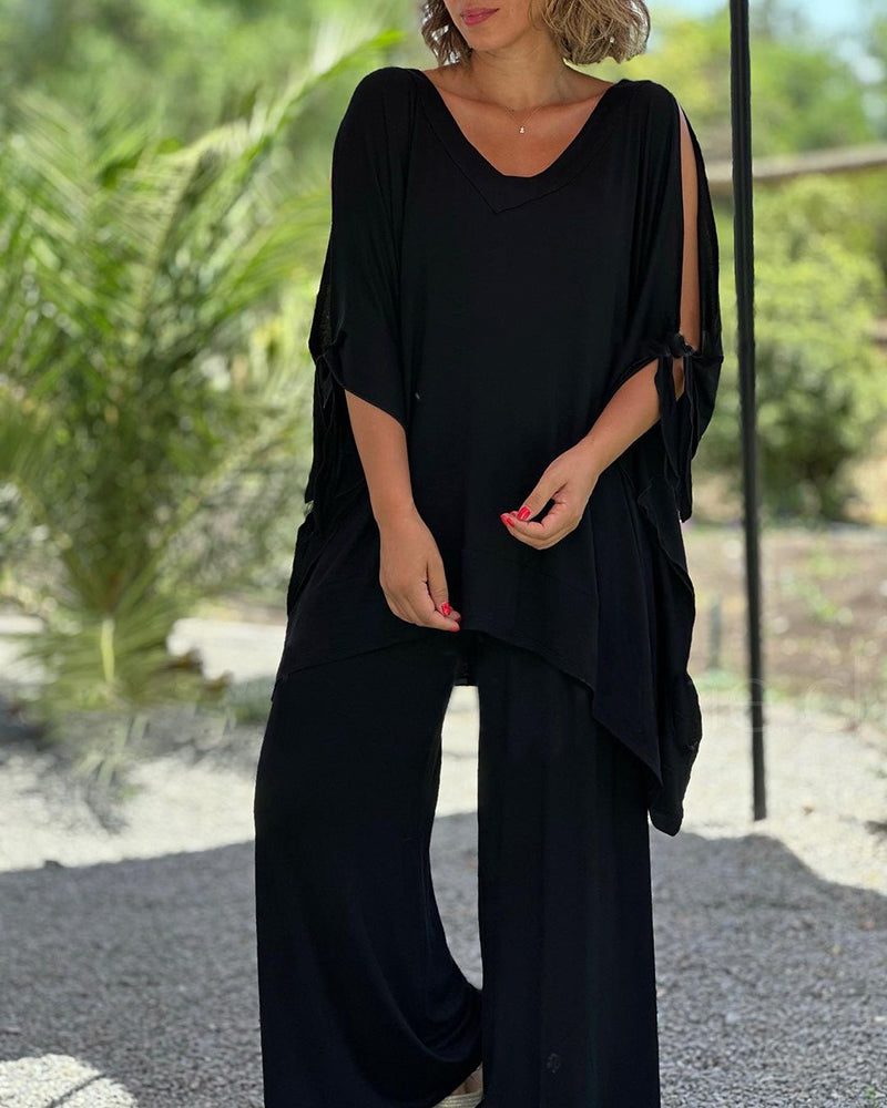 Ginevra - Ensemble décontracté deux pièces à décolleté en V et pantalon à jambes larges