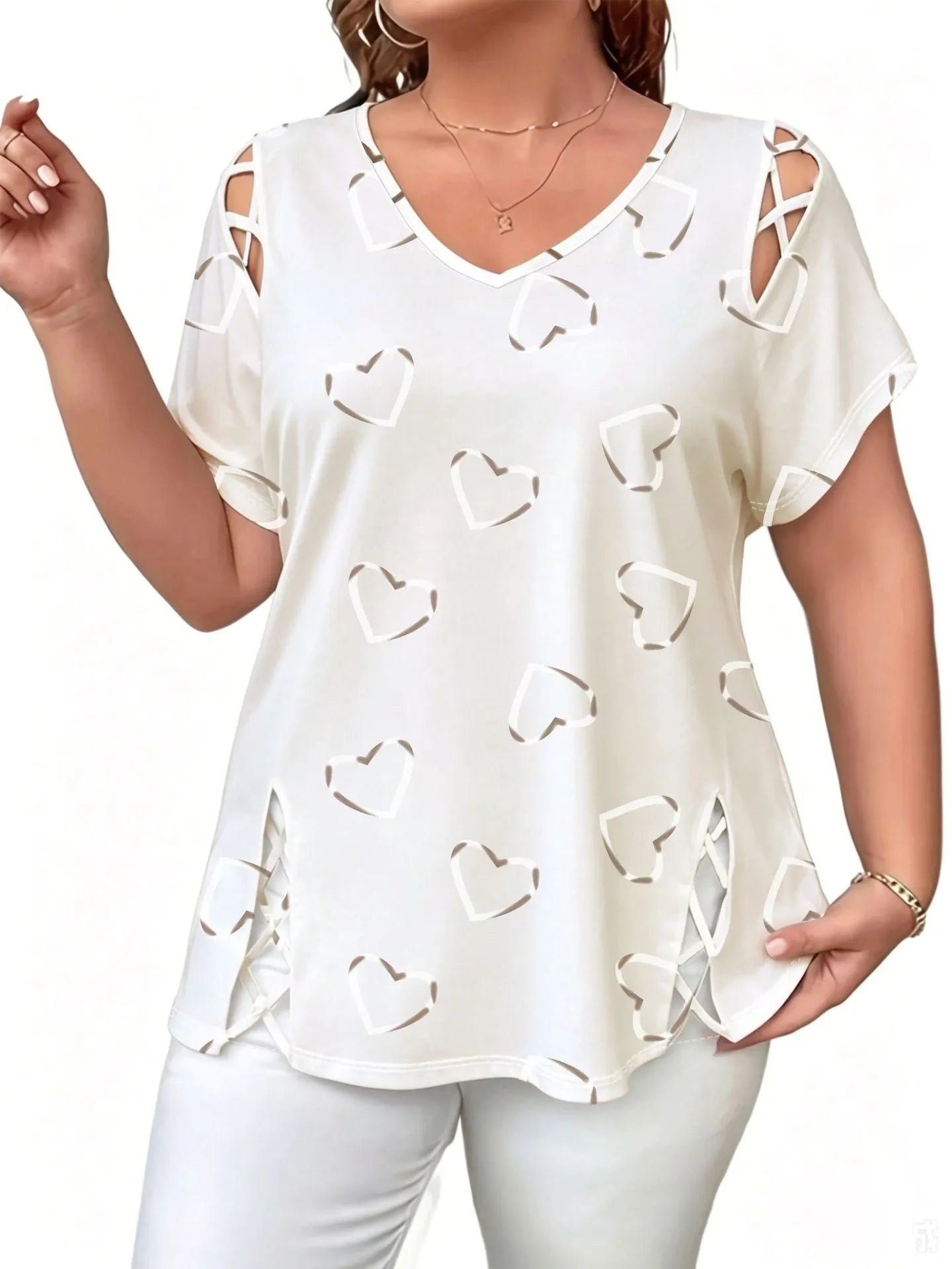 Elowra - Blouse femme col V avec imprimé cœurs