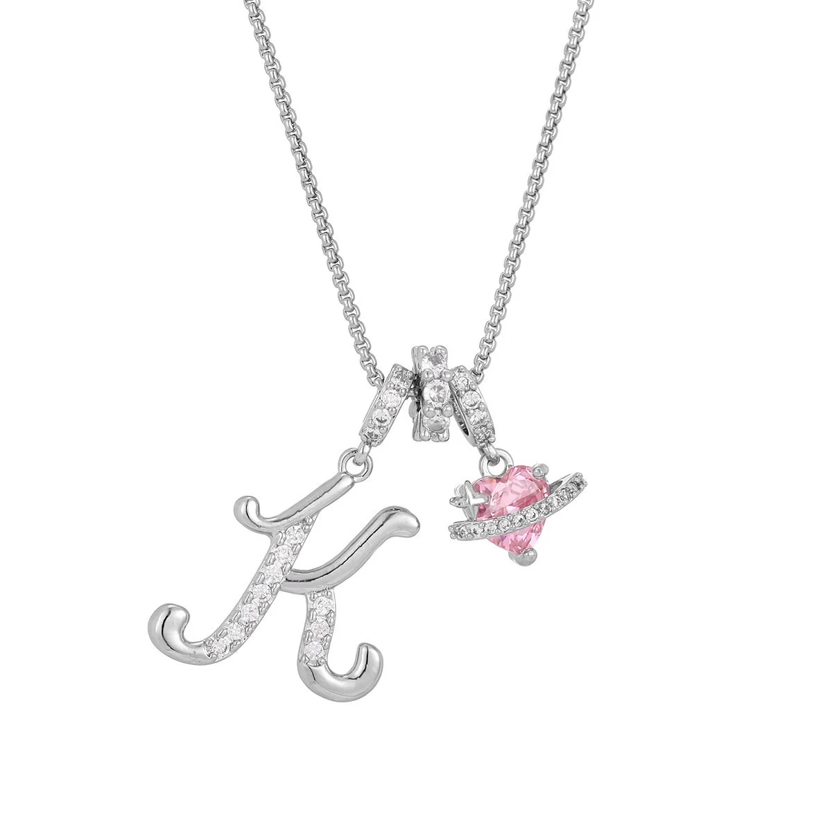 Carmelle - Collier Initiale Avec Cœur Rose Brillant